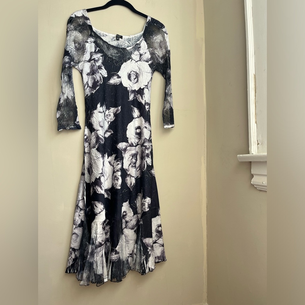 komarov y2k whimsigoth fairycore black and white floral dress with mesh details